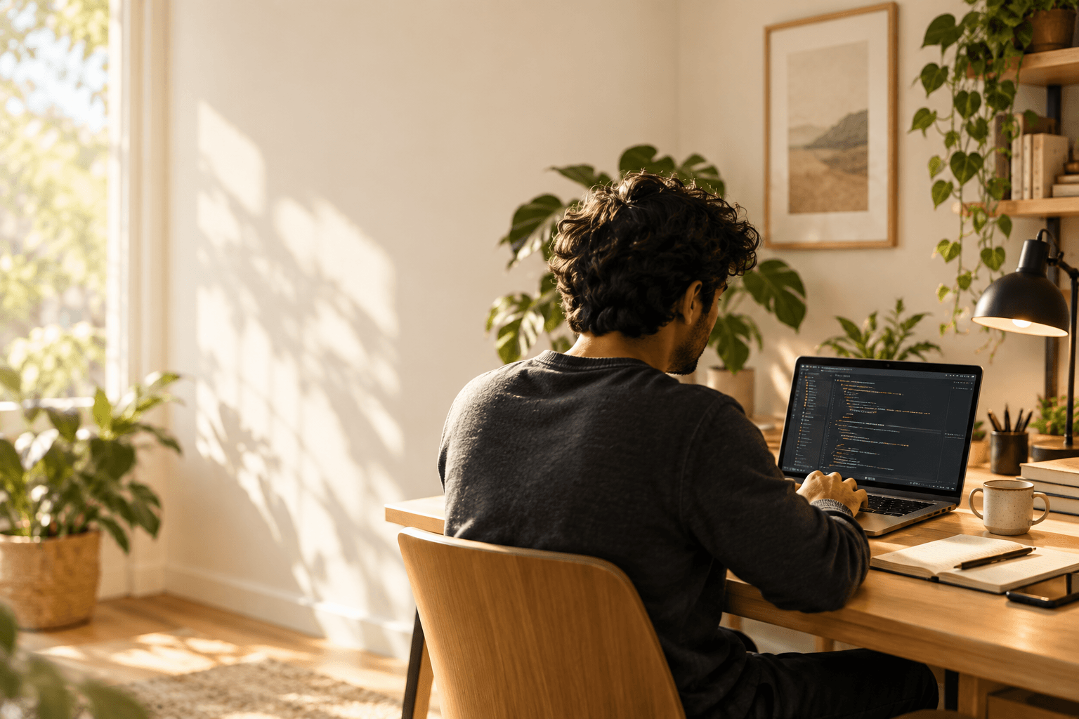 A developer working through a lesson at a home workspace